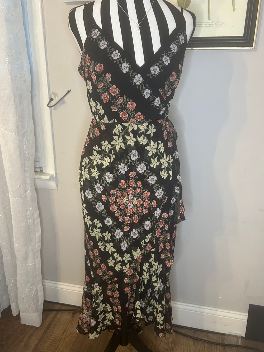 90’s romantic Guess Floral Wrap Midi Dress free butterfly bangle w/ purchase